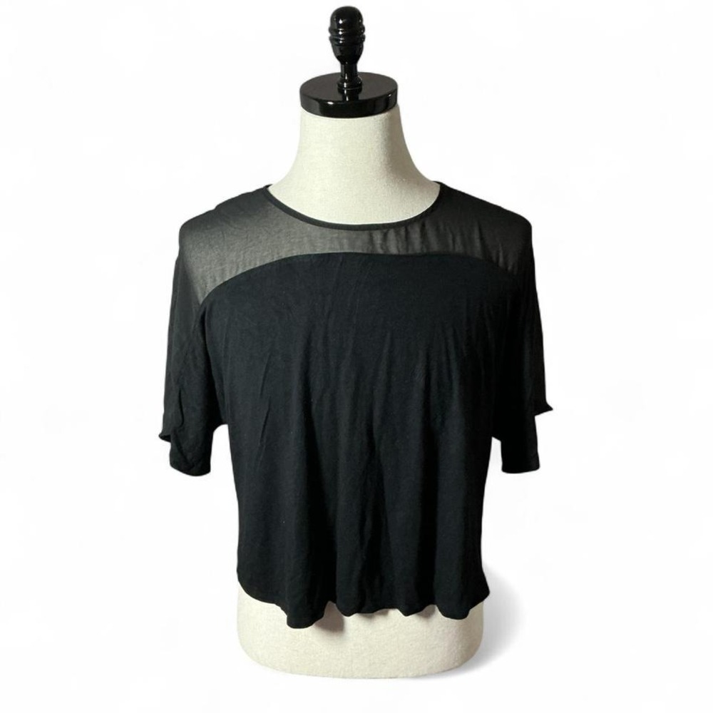 Halston Black Sheer Shoulder Short‎ Sleeve Top Blouse XS Whimsigoth